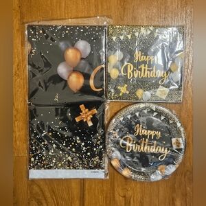 Happy Birthday Party Supplies Set - Black and Gold